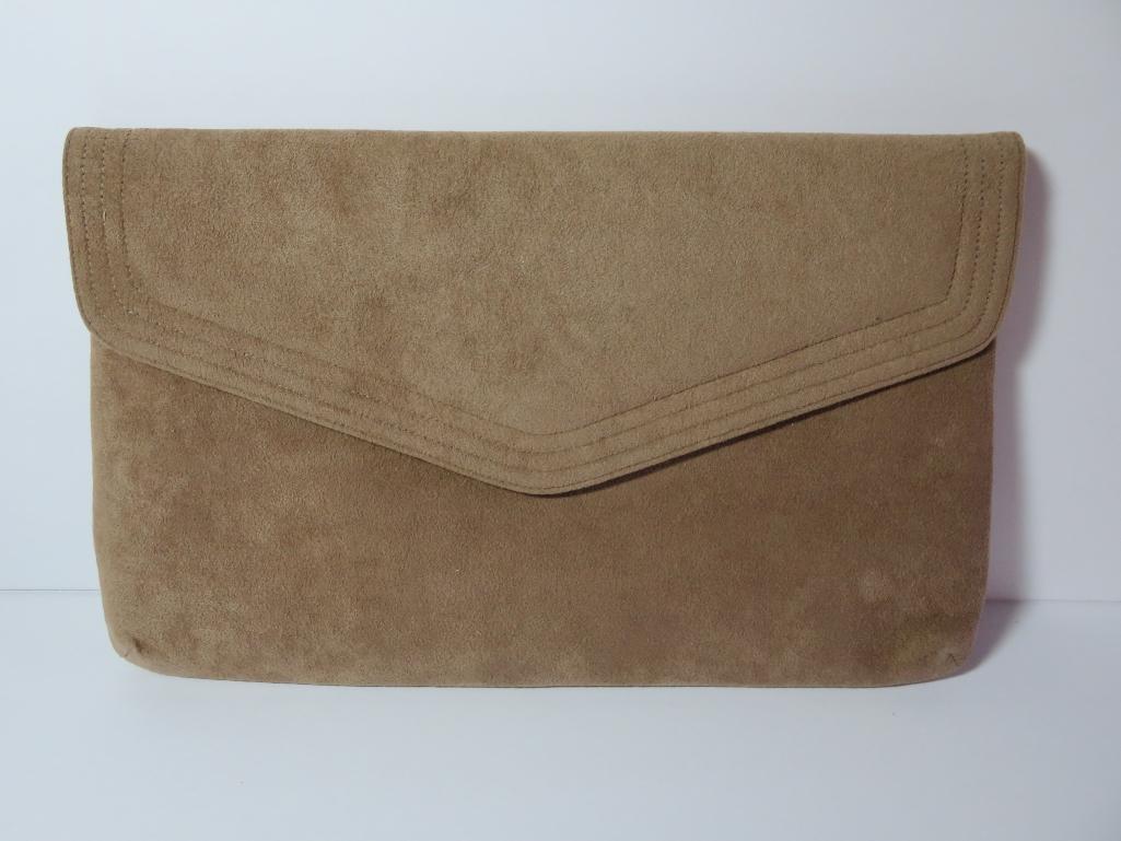 Two designer Suede purses and a pair of leather gloves