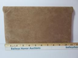 Two designer Suede purses and a pair of leather gloves