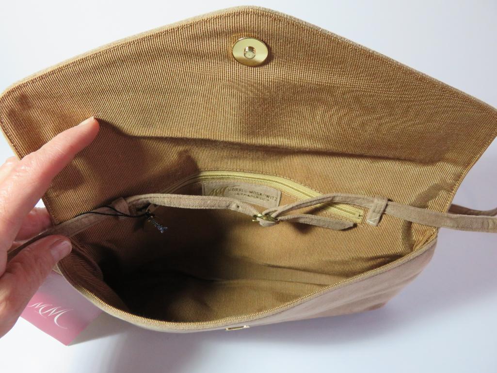 Two designer Suede purses and a pair of leather gloves