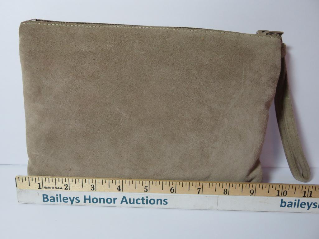 Two designer Suede purses and a pair of leather gloves