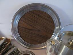 Vintage bar lot, trays, ice bucket and utensils
