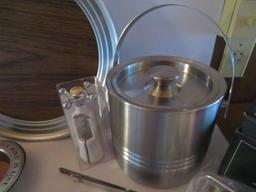 Vintage bar lot, trays, ice bucket and utensils