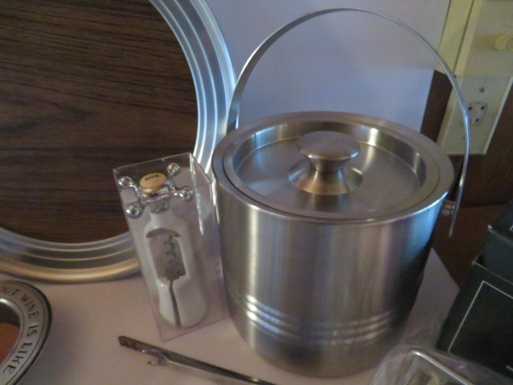 Vintage bar lot, trays, ice bucket and utensils