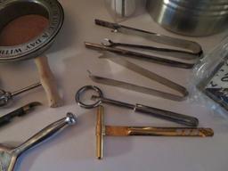 Vintage bar lot, trays, ice bucket and utensils