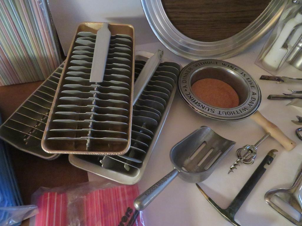 Vintage bar lot, trays, ice bucket and utensils