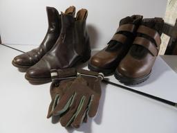Riding boots, gloves and crop
