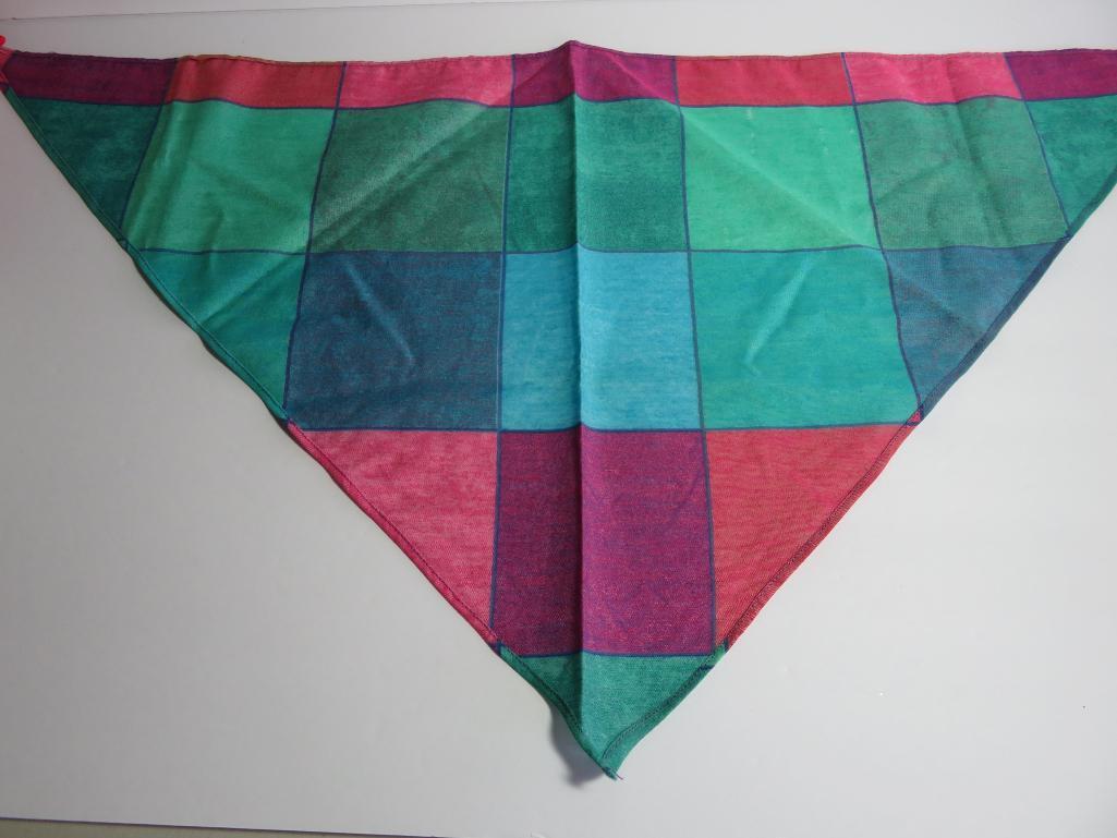 Assorted colored and patterned scarves, cotton and poly, rayon/silk