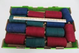 14 carpet warp spools, blue, green and reds, 6" tall
