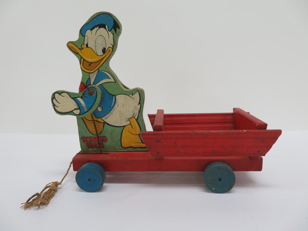 Vintage Fisher Price pull toy, Donald Duck Cart, 1951, 11"