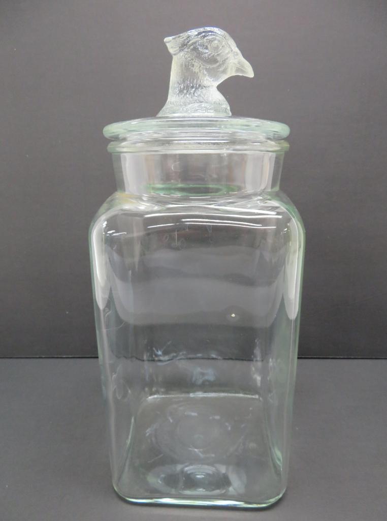 Unusual Apothecary Jar with pheasant head lid, 12"