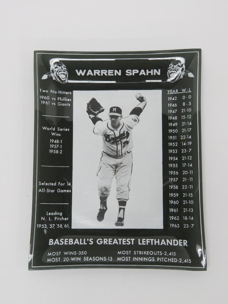Warrren Spahn dish, glass, Milwaukee Braves, 7" x 8 3/4"
