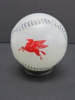 Mobil Gas Pegasus still bank, baseball, 3", milk glass, c 1950's