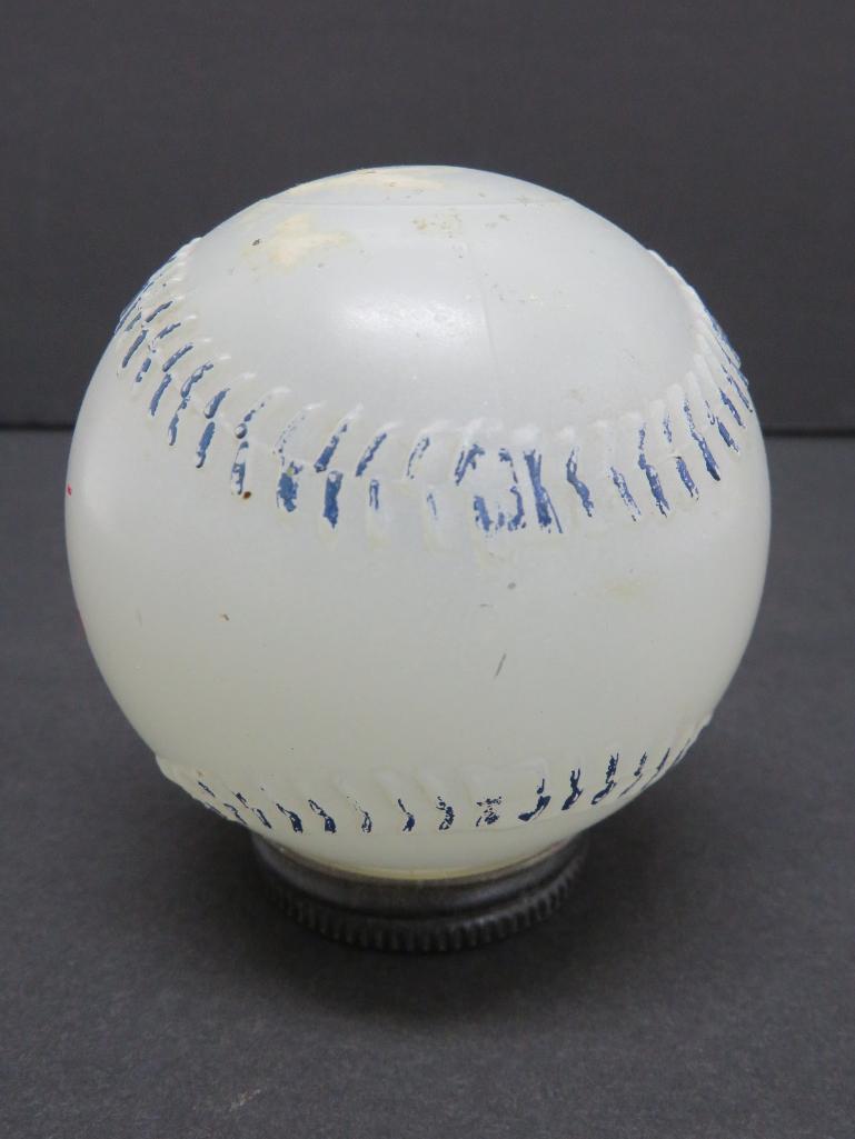Mobil Gas Pegasus still bank, baseball, 3", milk glass, c 1950's
