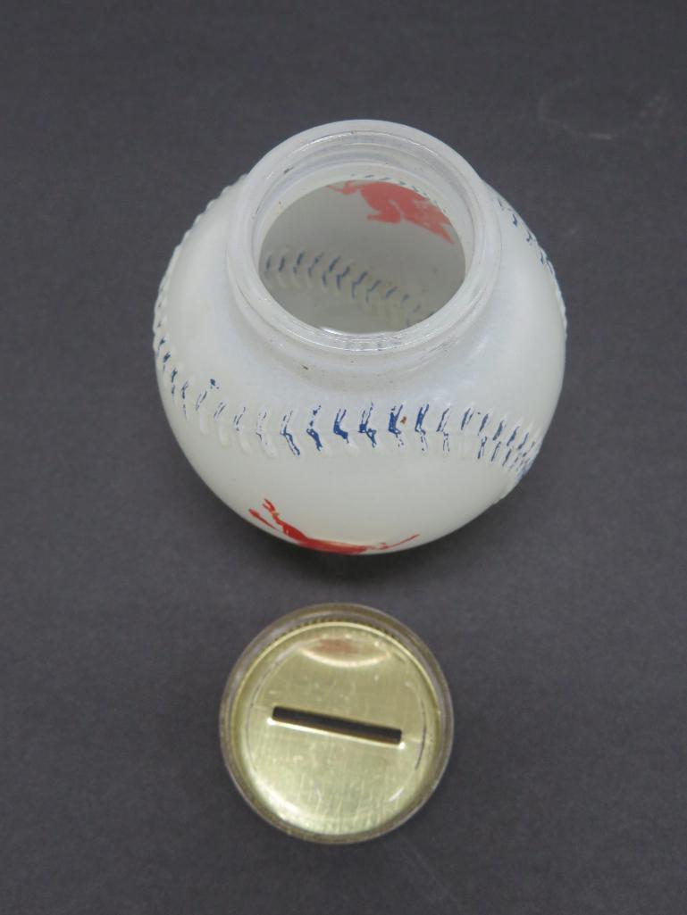 Mobil Gas Pegasus still bank, baseball, 3", milk glass, c 1950's