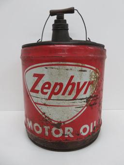 Zephyr motor oil can, 5 gal