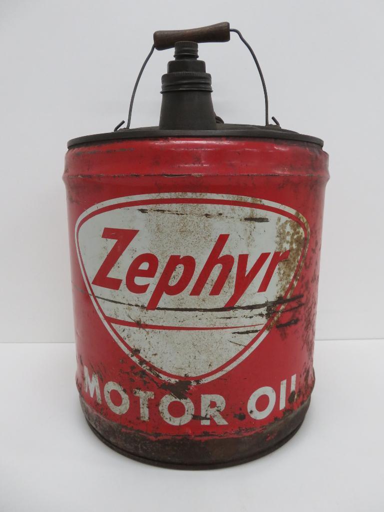 Zephyr motor oil can, 5 gal