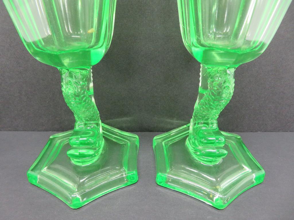 Pair of green vaseline glass dolphin base oil lamps, 10"