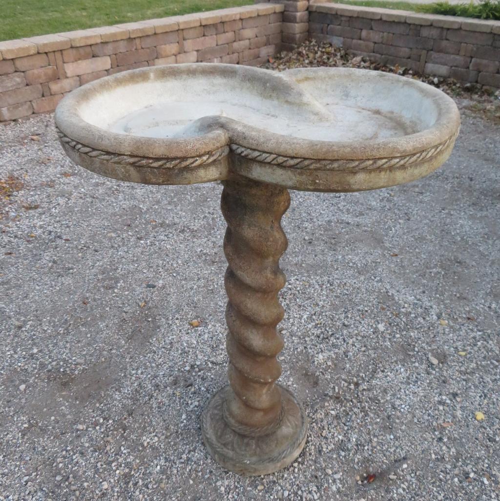 Interesting concrete birdbath, one piece, 32" tall and 22" wide