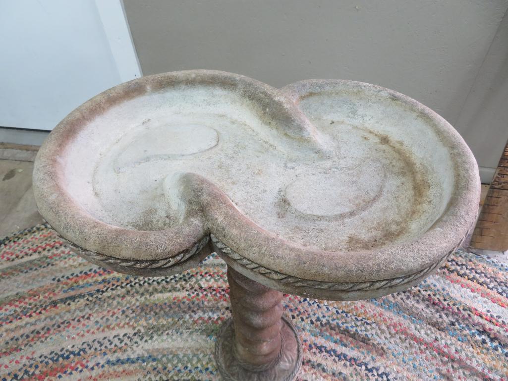 Interesting concrete birdbath, one piece, 32" tall and 22" wide