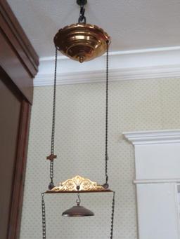 Hanging kersone lamp, brass with milk glass shade, patent 1882