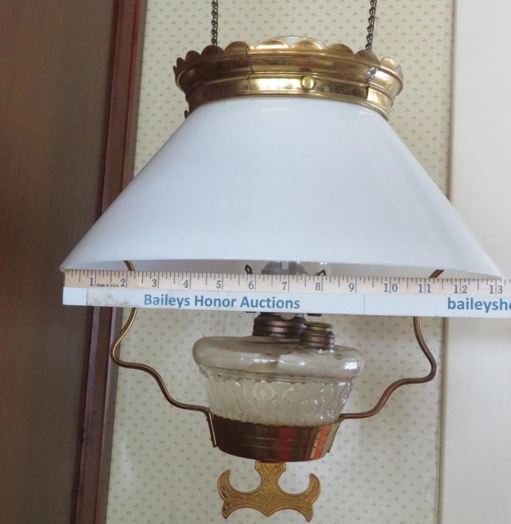 Hanging kersone lamp, brass with milk glass shade, patent 1882