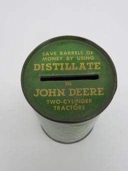 Vintage 1937 John Deere Tractors fuel barrel metal bank, 3 1/2"