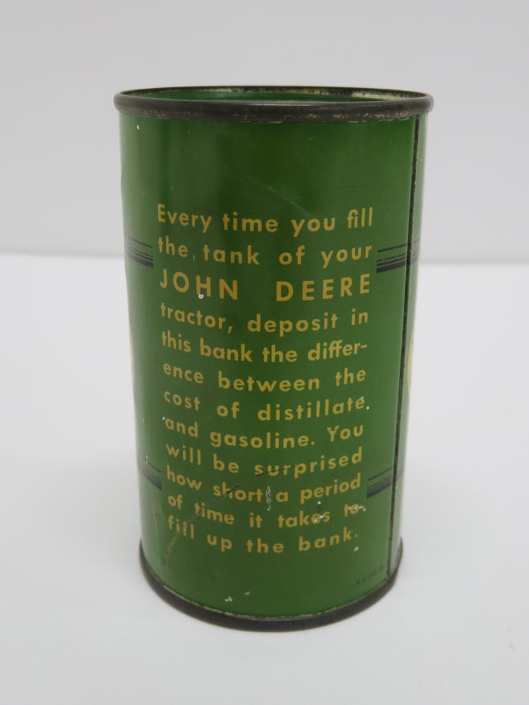 Vintage 1937 John Deere Tractors fuel barrel metal bank, 3 1/2"