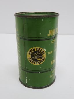 Vintage 1937 John Deere Tractors fuel barrel metal bank, 3 1/2"