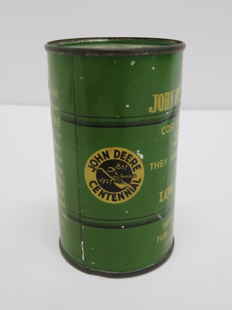 Vintage 1937 John Deere Tractors fuel barrel metal bank, 3 1/2"