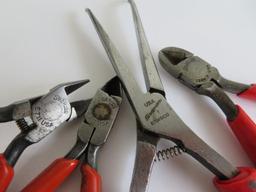 10 small pliers, 6 pieces marked Snap-On, 4" to 6"