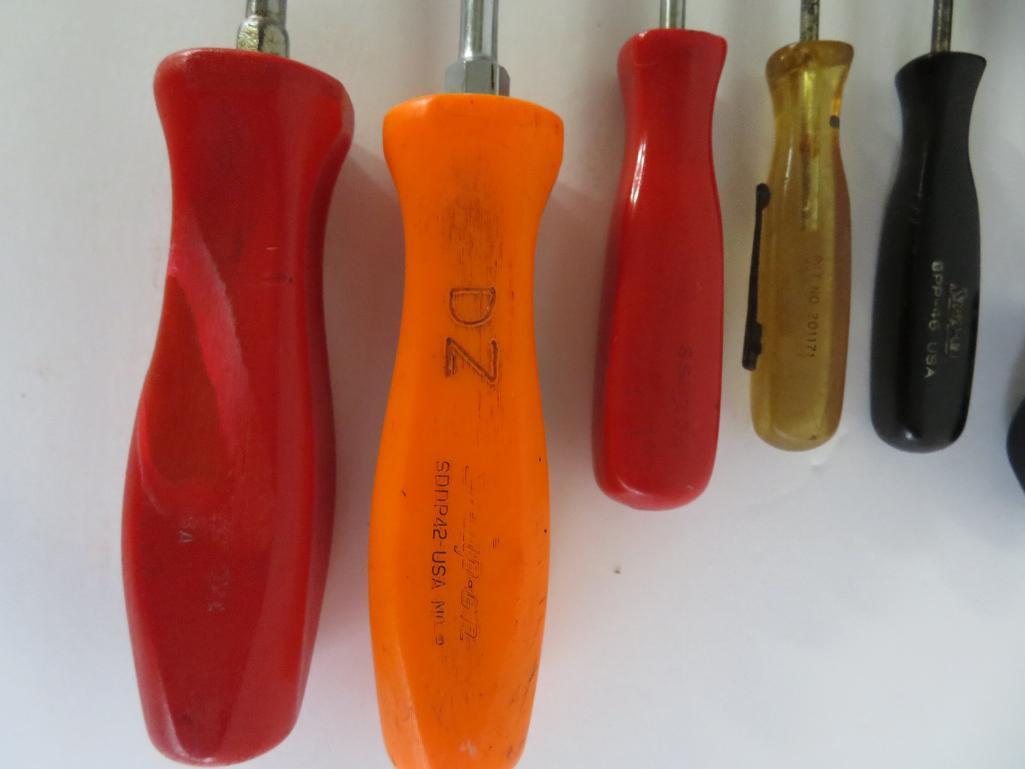 22 Snap On assorted screwdrivers, black, red and orange handles, 3" to 8 1/2"