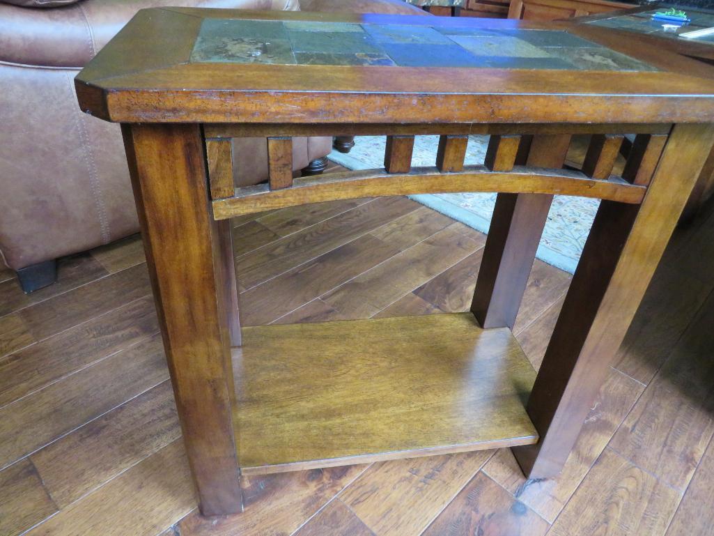 Slate and wood end table, 24" x 14", 24" tall