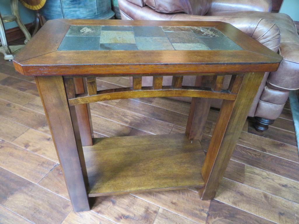 Slate and wood end table, 24" x 14", 24" tall