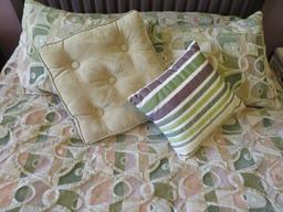 Bedspread and four accent pillow and Sherpa and suede cloth blanket