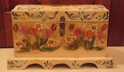 Covered rosemaled box, signed on top, 13 1/2" x 9 1/2", 9" tall