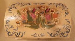 Covered rosemaled box, signed on top, 13 1/2" x 9 1/2", 9" tall