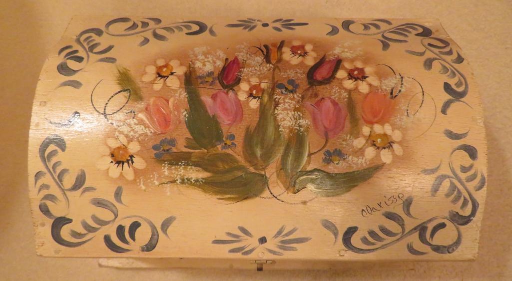 Covered rosemaled box, signed on top, 13 1/2" x 9 1/2", 9" tall