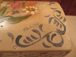 Covered rosemaled box, signed on top, 13 1/2" x 9 1/2", 9" tall