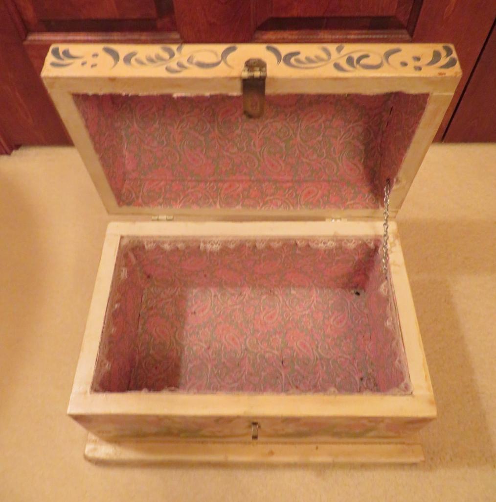 Covered rosemaled box, signed on top, 13 1/2" x 9 1/2", 9" tall