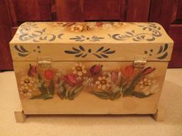 Covered rosemaled box, signed on top, 13 1/2" x 9 1/2", 9" tall