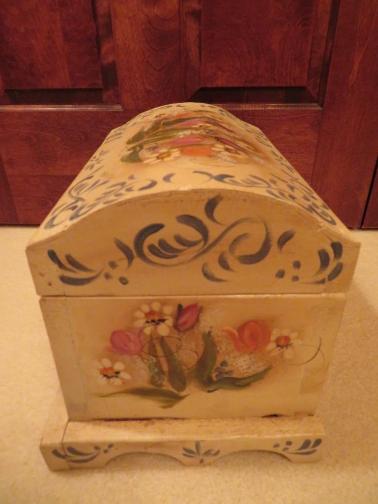 Covered rosemaled box, signed on top, 13 1/2" x 9 1/2", 9" tall