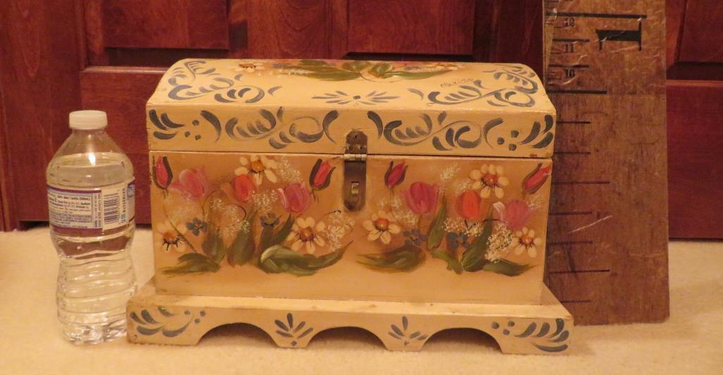 Covered rosemaled box, signed on top, 13 1/2" x 9 1/2", 9" tall