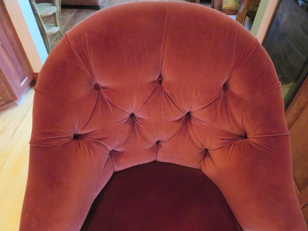 Thomasville rolling chair, upholstered and tack design, 37" tall at back