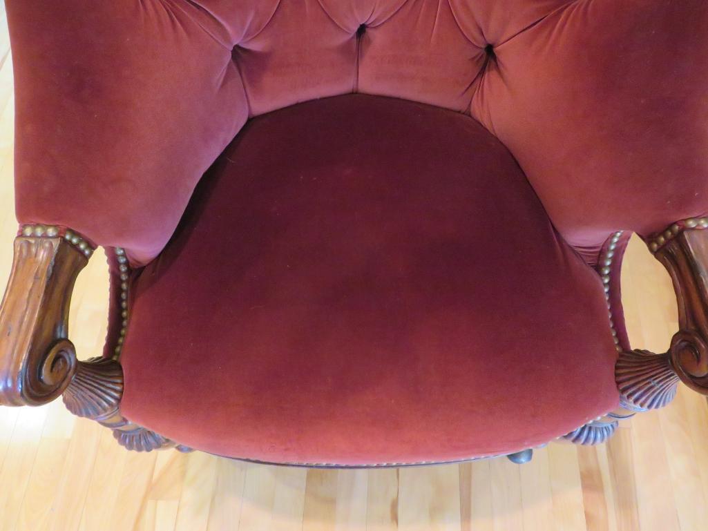 Thomasville rolling chair, upholstered and tack design, 37" tall at back