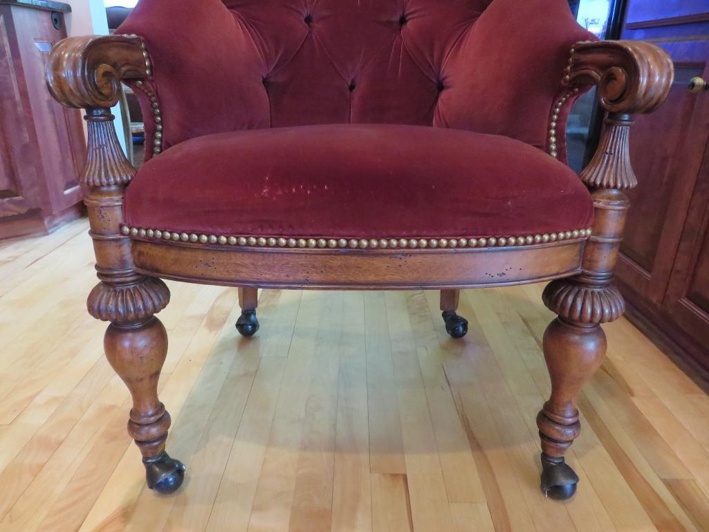 Thomasville rolling chair, upholstered and tack design, 37" tall at back