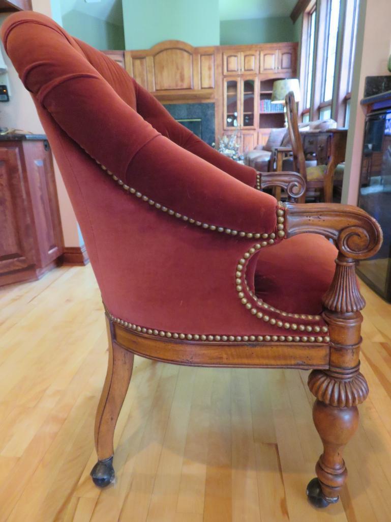 Thomasville rolling chair, upholstered and tack design, 37" tall at back