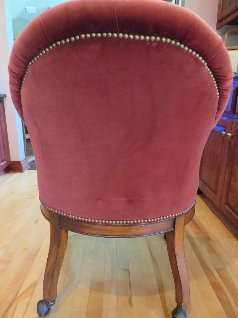 Thomasville rolling chair, upholstered and tack design, 37" tall at back
