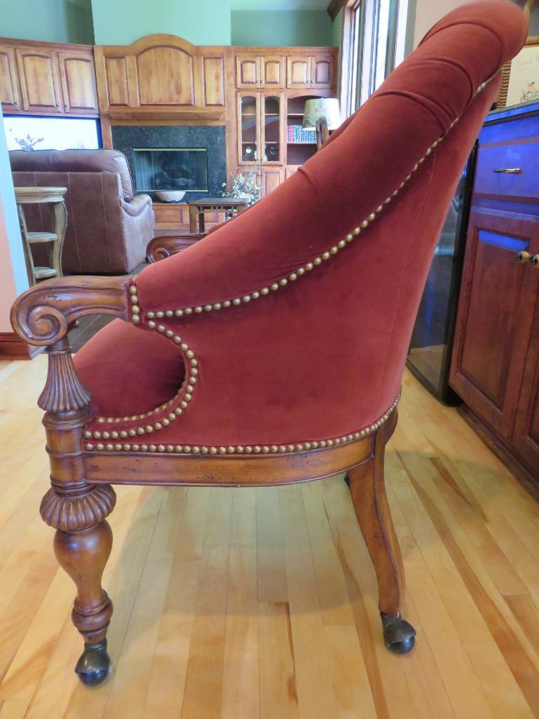 Thomasville rolling chair, upholstered and tack design, 37" tall at back