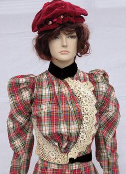 Two piece plaid outfit, skirt and top with lace and velvet embellishments, and hat