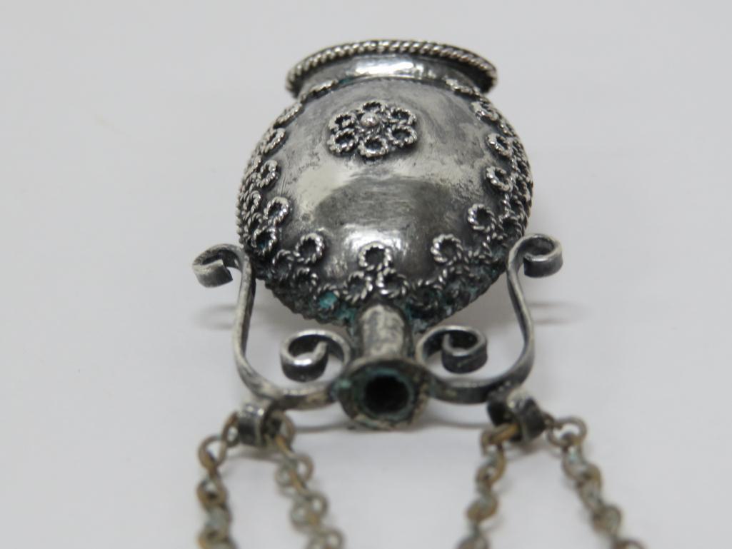 Lovely silver perfume bottle scent pin, 2 1/2"